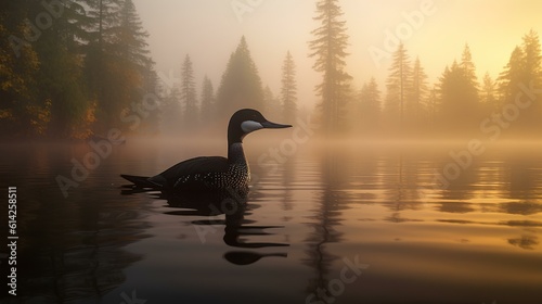 a natural looking image of a loon on a foggy lake at sunrise. generative AI