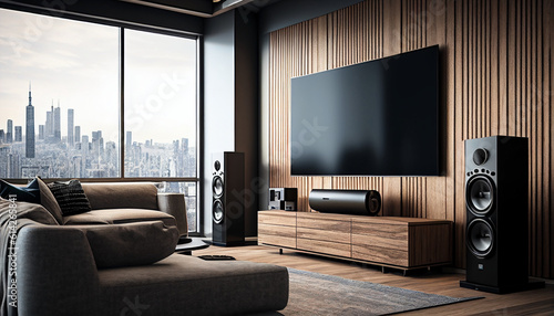 The trendy living area features a home theatre with a television screen and speakers