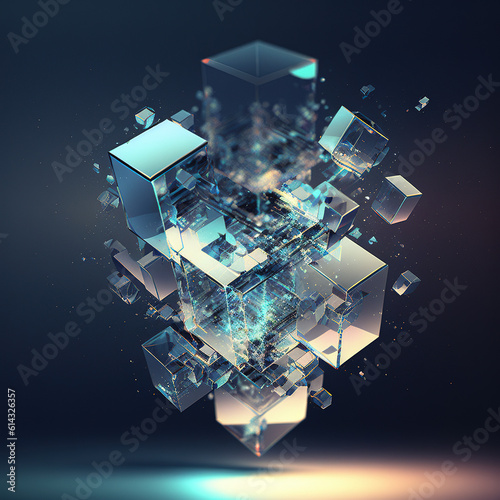 Modern digital abstract art of glassy geometric transparent cubic shape crystal blocks refracts light in ravishing spectrum of prismatic colors by Generative AI.