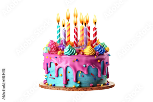 colorful birthday cake with candles. isolated on white background PNG