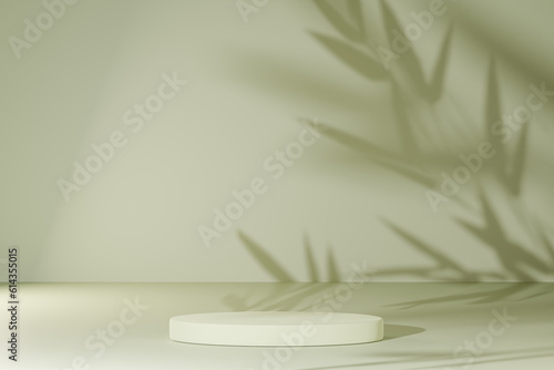 product placement on green wall with natural shadow leaves background. bamboo shadow on green wall and marble podium for product placement. 3d illustration