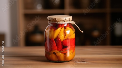 Jar with pickled bell peppers on wooden table. Generative AI.