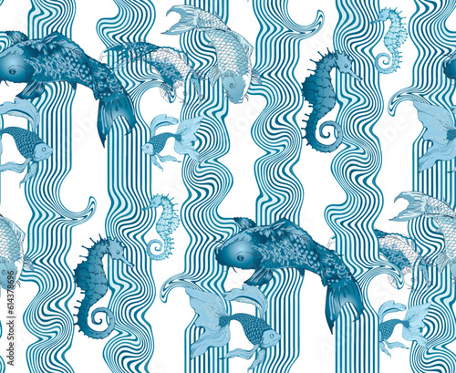 Seamless pattern japanese fish blue color.