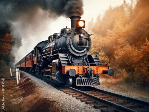 old vintage black steam train locomotive in the autumn forest. created with Generative AI