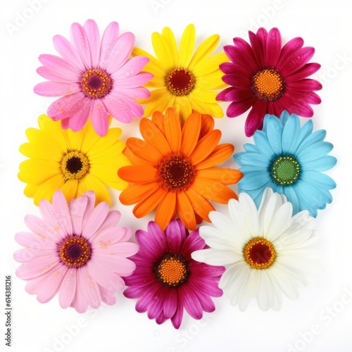 Mixed colorful daisies isolated on white background. Colourful daisies. Generative AI.