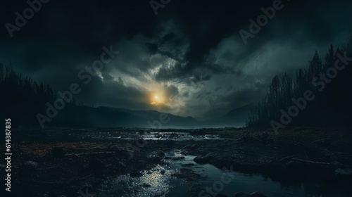 dark tones landscape in a stormy day with distant sun, and the river