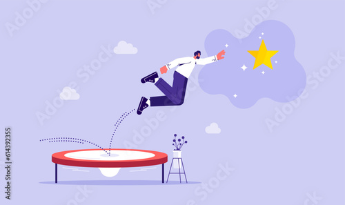 Reach goal or target, growth and achievement concept, businessman jump on trampoline to grab star, reach success, improvement or career development