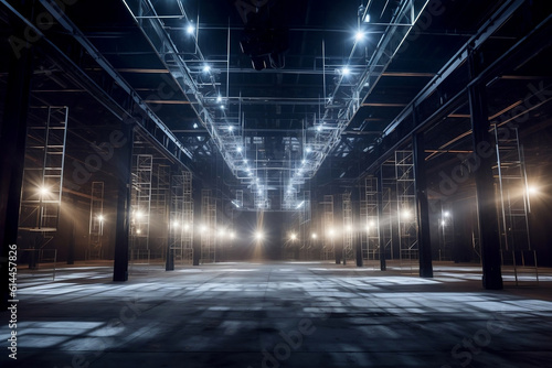 A vacant warehouse at night, aglow with spotlights and pillar-lights, sets the stage for an unseen performance.