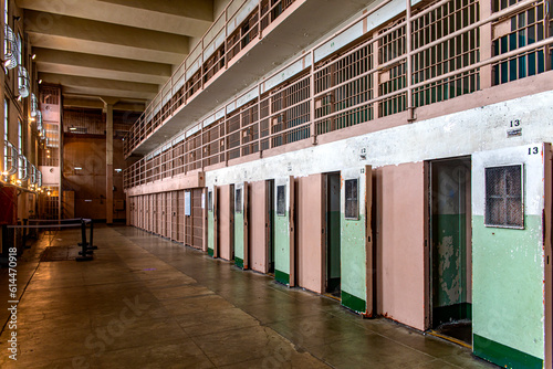 Block and module of maximum security and punishment cells of the federal prison of Alcatraz located in the middle of the San Francisco bay, in the state of California, USA. Jail concept.