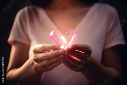 A close - up photography focusing on a woman's hands forming a heart shape with a pink ribbon against a soft pink background. Breast Cancer. Generative AI