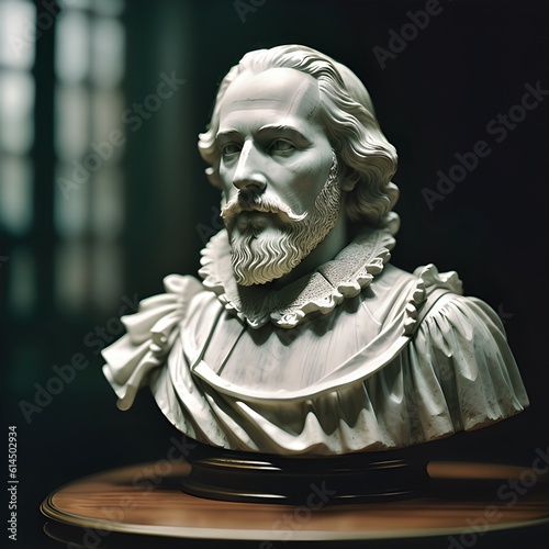 Image featuring a white marble bust of renaissance era playwright William Shakespeare. May also be interpreted as a medieval nobleman or another historical figure.