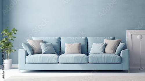 interior with blue sofa and empty wall and decoration.ai generative, illustration,