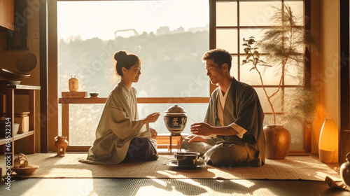 Young attractive japanese woman and happy smiling man on tatami in kimono. Drinking tea calmly and relaxed in japanese house in the rays of dawn sun through fusuma