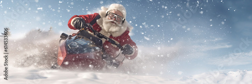 Action shot of Santa Claus on a snow mobile delivering packages in the snow with copy space created with Generative AI technology