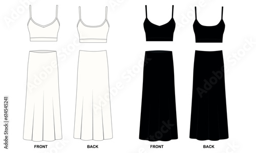 Collection of vector drawings of tops and skirts in white and black. Short tank top and long skirt templates front and back view. Set of modern women's summer clothes, vector.