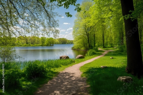 A lake in a park is surrounded by green trees in the sunlight, and there is a stone path in the front. This is a lovely image from the summer or spring. Generative AI