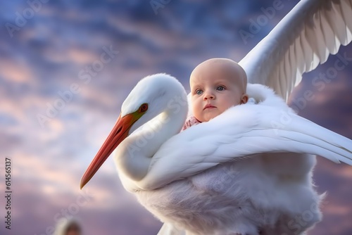 A stork carries a human baby between its wings. Ai generated.