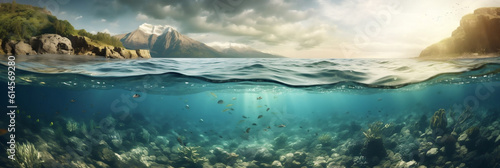 panorama of the ocean and under water, sea, digital illustration, Generative AI