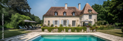 Luxury traditional French mansion with pool and garden, Generative AI