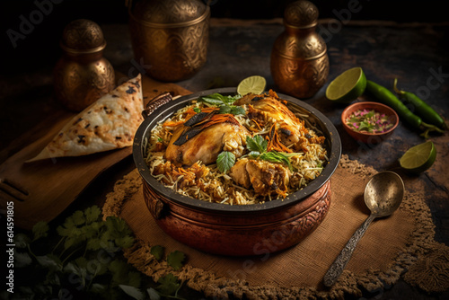 Bengali Chicken Biryani: Mildly spiced, succulent chicken with fragrant basmati rice and aromatic spices chutney and papadum for a delightful meal. Generative AI.