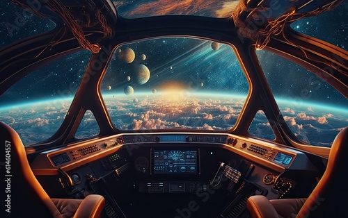 Looking out of a 1970s sci-fi style space ship with planets and stars in the distance