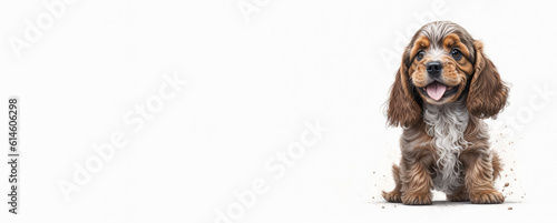 Banner of cute happy cocker spaniel puppy on white background. Space for text. Copy Space. Generative Ai.