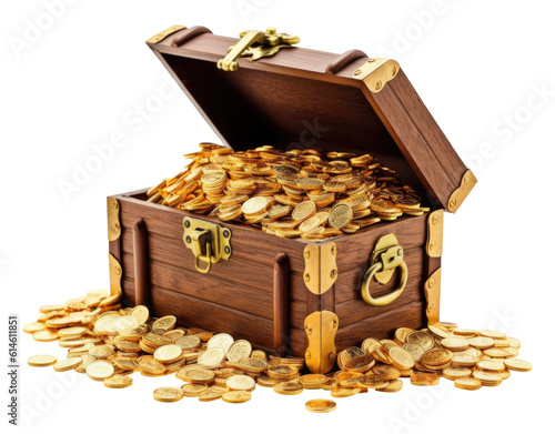 Treasure Chest Full of Gold Coins Isolated on Transparent Background - Generative AI 