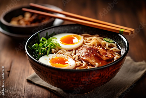 chopstick noodle soup meal bowl vegetable food ramen japanese asian. Generative AI.