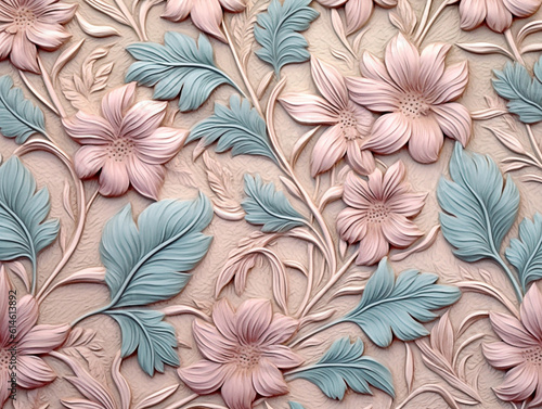 Paper craft relief of floral flowers and leaves in pastel color