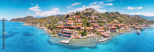 Aerial view of Simena castle and fishing and tourist village Kaleucagiz. Tourist and travel destinations in Turkey