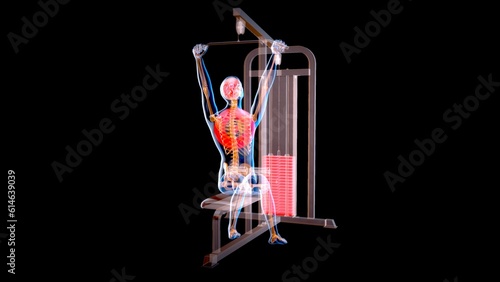 Abstract 3D art of a man on the Lat pulldown machine