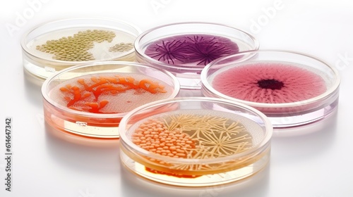 Mixed of bacteria colonies in various petri dish. Growing cultures of microorganisms, fungi or microbes. Generative AI. Illustration for cover, card, postcard, banner, poster, brochure or presentation