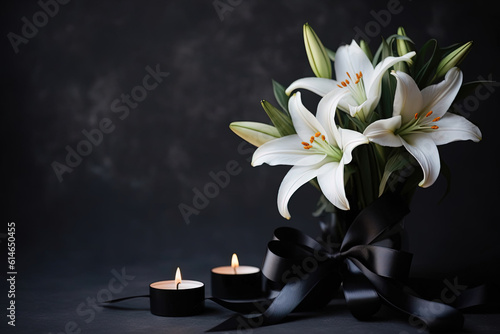 Burning candle, white lily flowers, and black funeral ribbon on a dark background with space for text