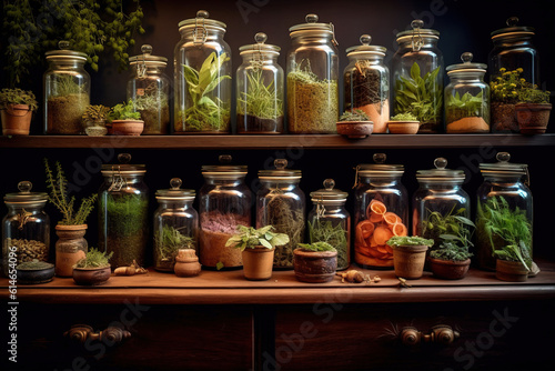 Old jars filled with medicinal herbs and plants evoke the rich history of alternative medicine, homeopathy, chemistry, pharmacy, apothecary, and alchemy, offering a captivating glimpse into the past