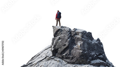 Rocky Mountain Peak with man Standing. Transparent background. Adventure Concept.