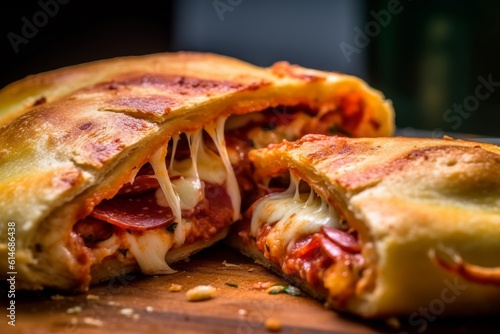 calzone sliced in half, revealing a gooey cheese and pepperoni filling