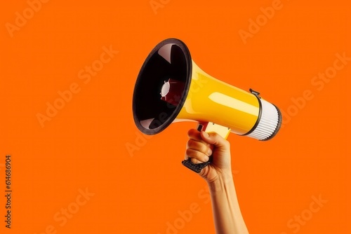 Hand holding megaphone, marketing and sales, orange background, Generative AI