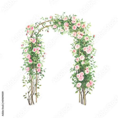 Garden arch with delicate roses, isolated watercolor illustration for invitation or greeting cards, garden design with blossom plant.