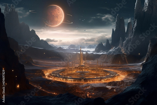 Sci-fi cinematic landscape of an fortress surround by lava on an alien planet 