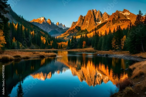 sunset in the mountains , autumn forest in the morning 