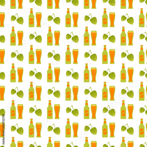 Octoberfest pattern with green beer bottles, beer glasses and hop. Germany traditional texture prints. Oktoberfest seamless background. Bavarian diamond wallpaper. Vector. Color illustration