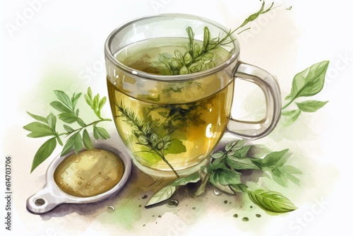 Watercolor illustration of fresh herbal tea. Generative AI