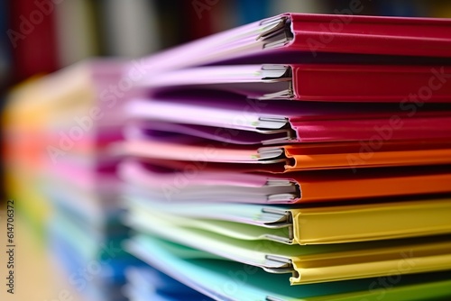 Stack of colored filing cabinets in an office, detail, copy space.