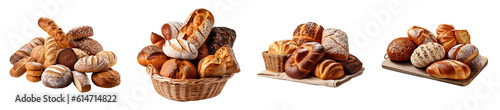 Assortment of fresh baked bread on white transparent background