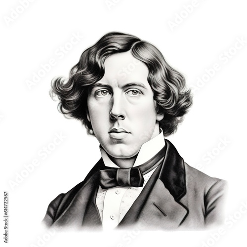 A vintage ink engraving print of a full-face headshot portrait of Oscar Wilde wearing a bowtie against a pure white background with copy space - Generative AI