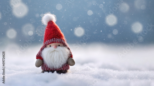 Soft toy cute Swedish Scandinavian folklore Christmas gnome nisse, tomte, with a big red hat, white beard, style of Danish design, with christmas winter snowy background. Copy space. AI generated