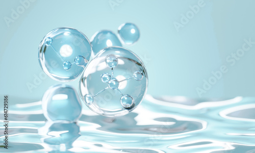 Molecule inside Liquid Bubble on water background. skin care cosmetics solution, 3d illustration