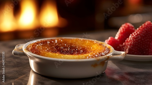Crème Brûlée with a Crunchy Caramelized Sugar Crust. Blurred Background