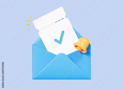 3D Blue envelope inside which tickets with checkmark. Bell notification. Online voting in elections. Movie tickets or coupon sent by mail. Cartoon creative design icon on blue background. 3D Rendering