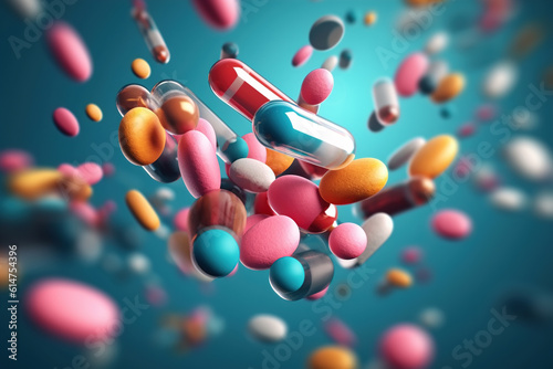 Pharmacy and medicine, antidepressants concept. Multi-colored pills and capsules of drugs flying in all directions. Motion blur, close-up